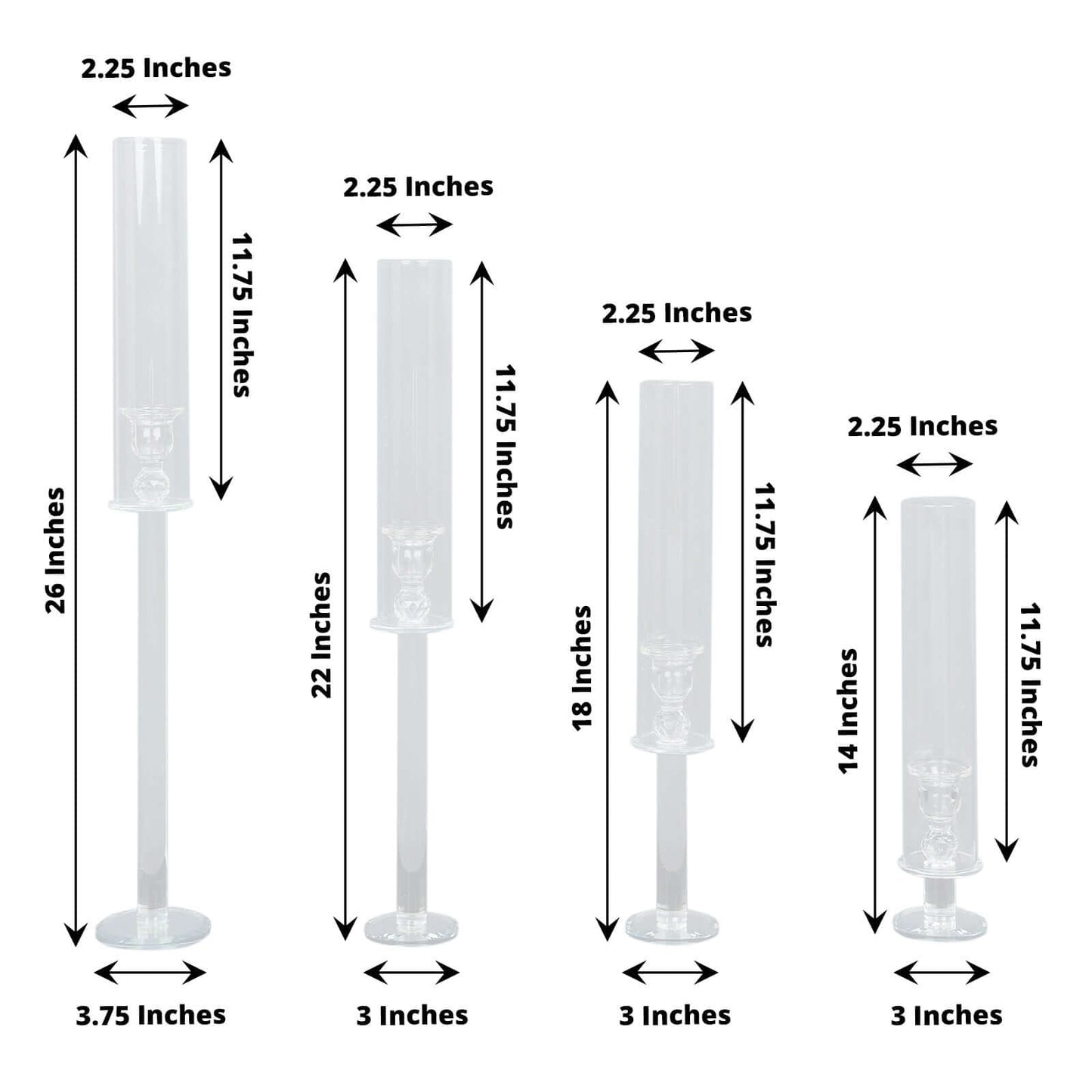 Set of 4 Crystal Glass Hurricane Taper Candle Holders, Decorative Tall Candle Stands Clear Cylinder Chimney Tubes 14", 18", 22", 26"