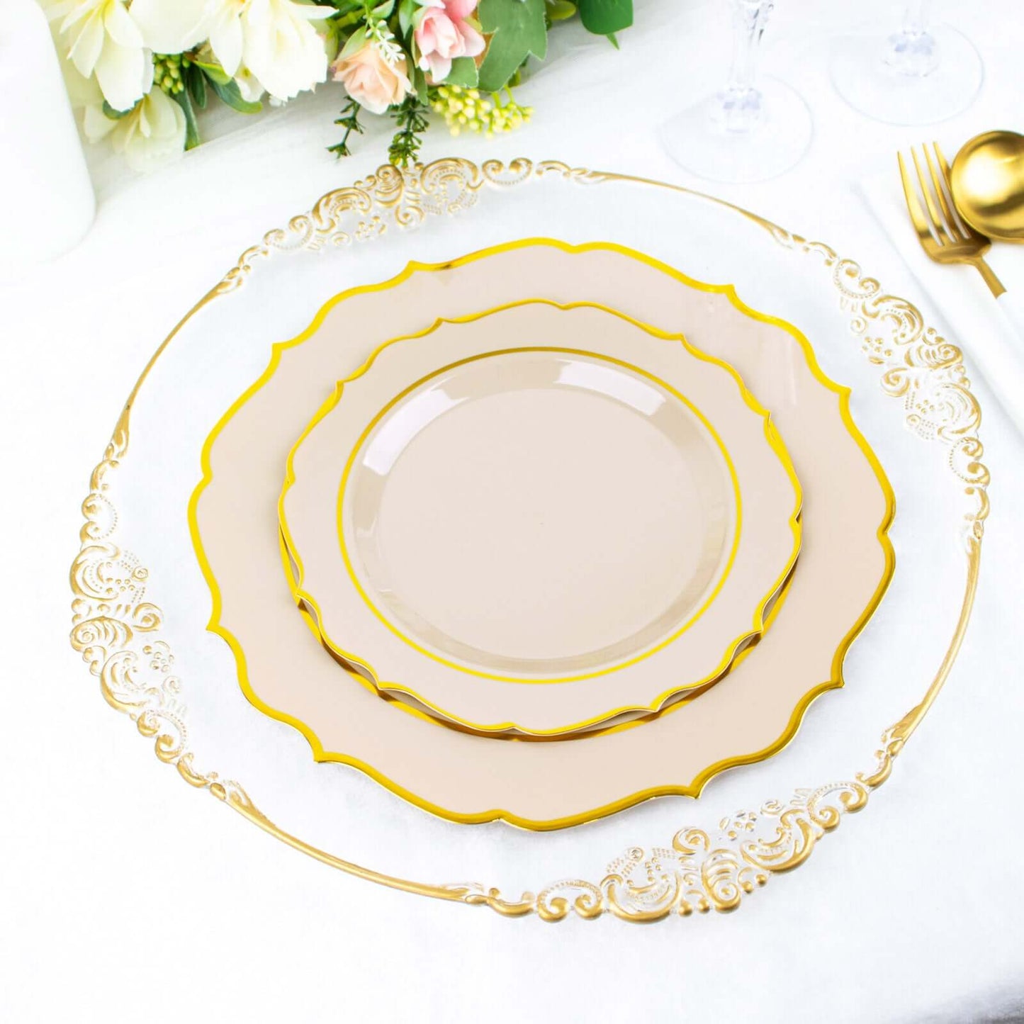 10-Pack Plastic 8" Round Dessert Plates in Taupe with Gold Scalloped Rim - Disposable Appetizer/Salad Plates