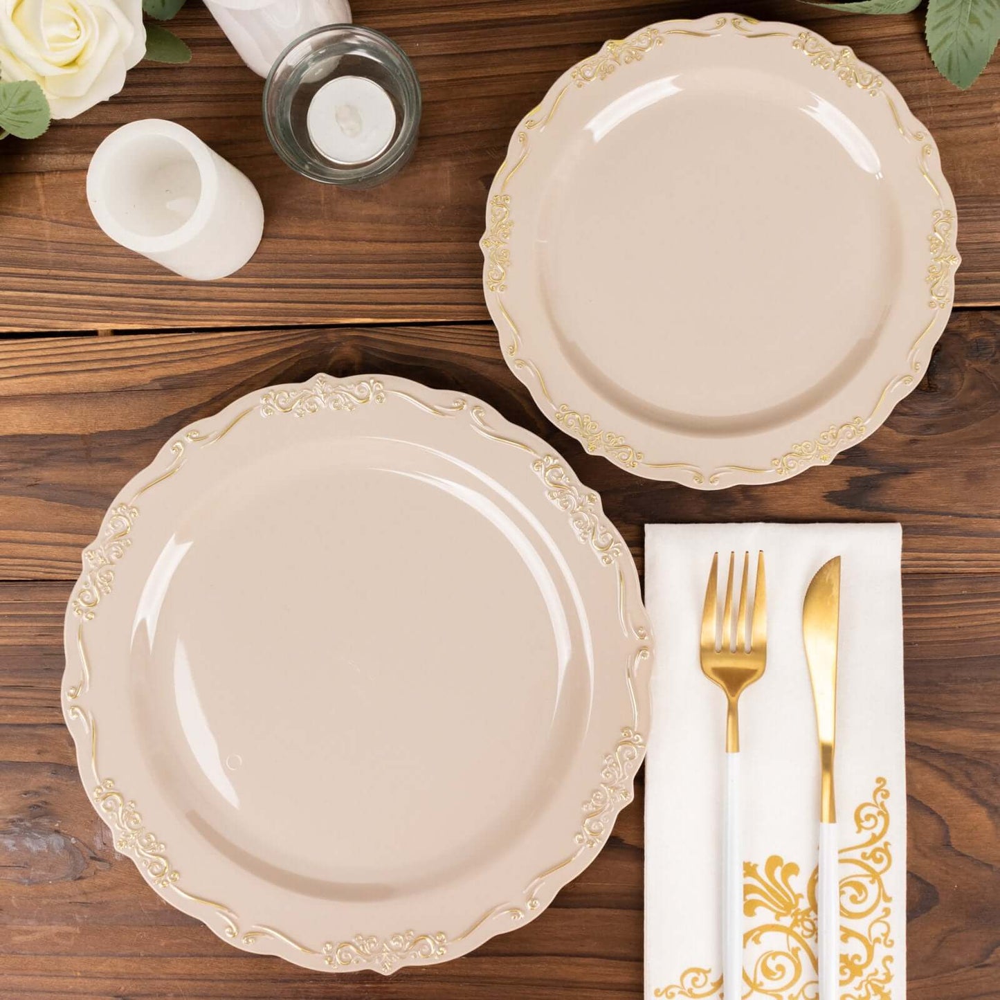 10-Pack Plastic 7" Round Dessert Plates in Taupe with Gold Vintage Embossed Rim - Sturdy Disposable Scalloped Edge Salad Plates
