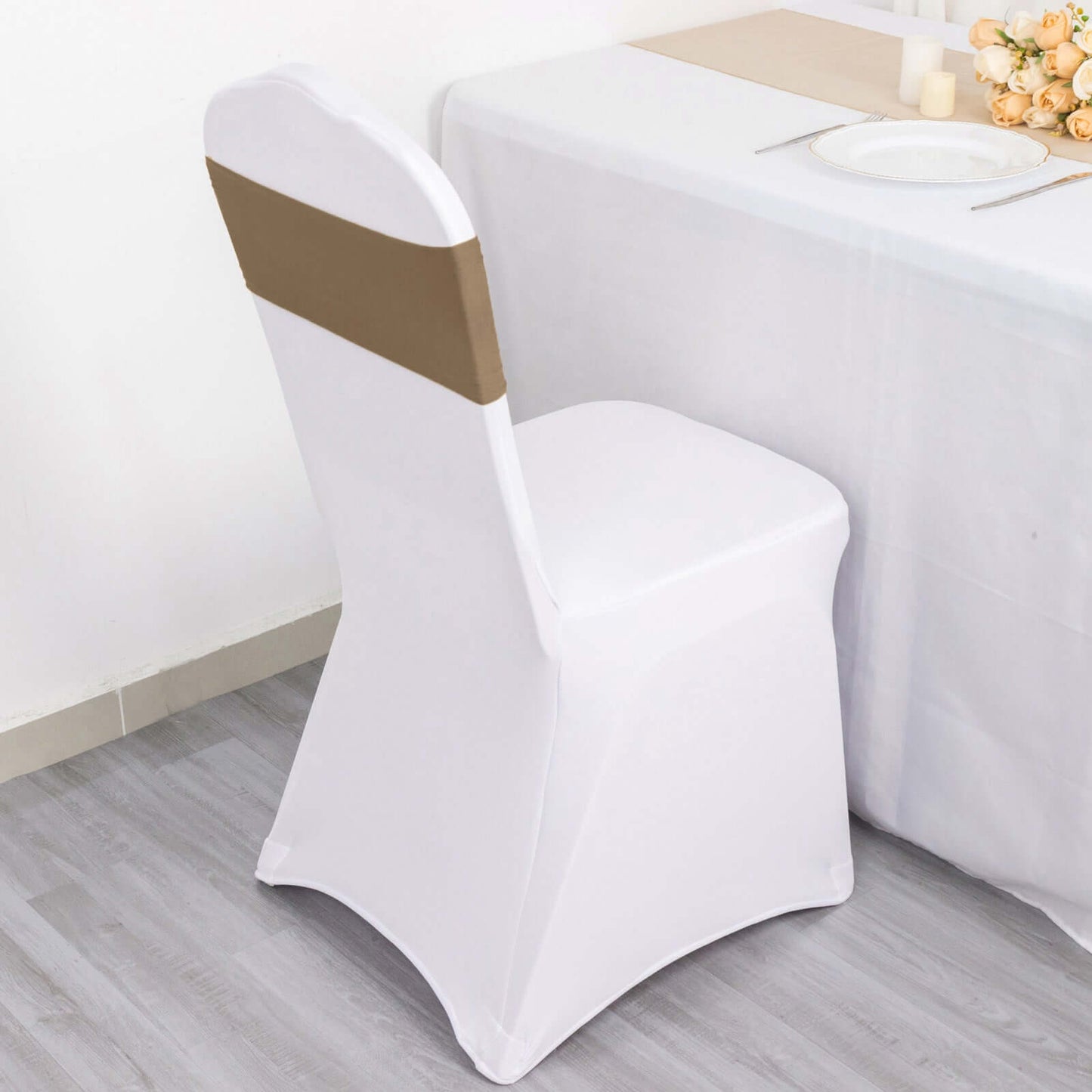 5 Pack Stretch Spandex Chair Sashes Taupe - Fitted Finish Two Ply Heavy Duty Chair Bands 5"x12"