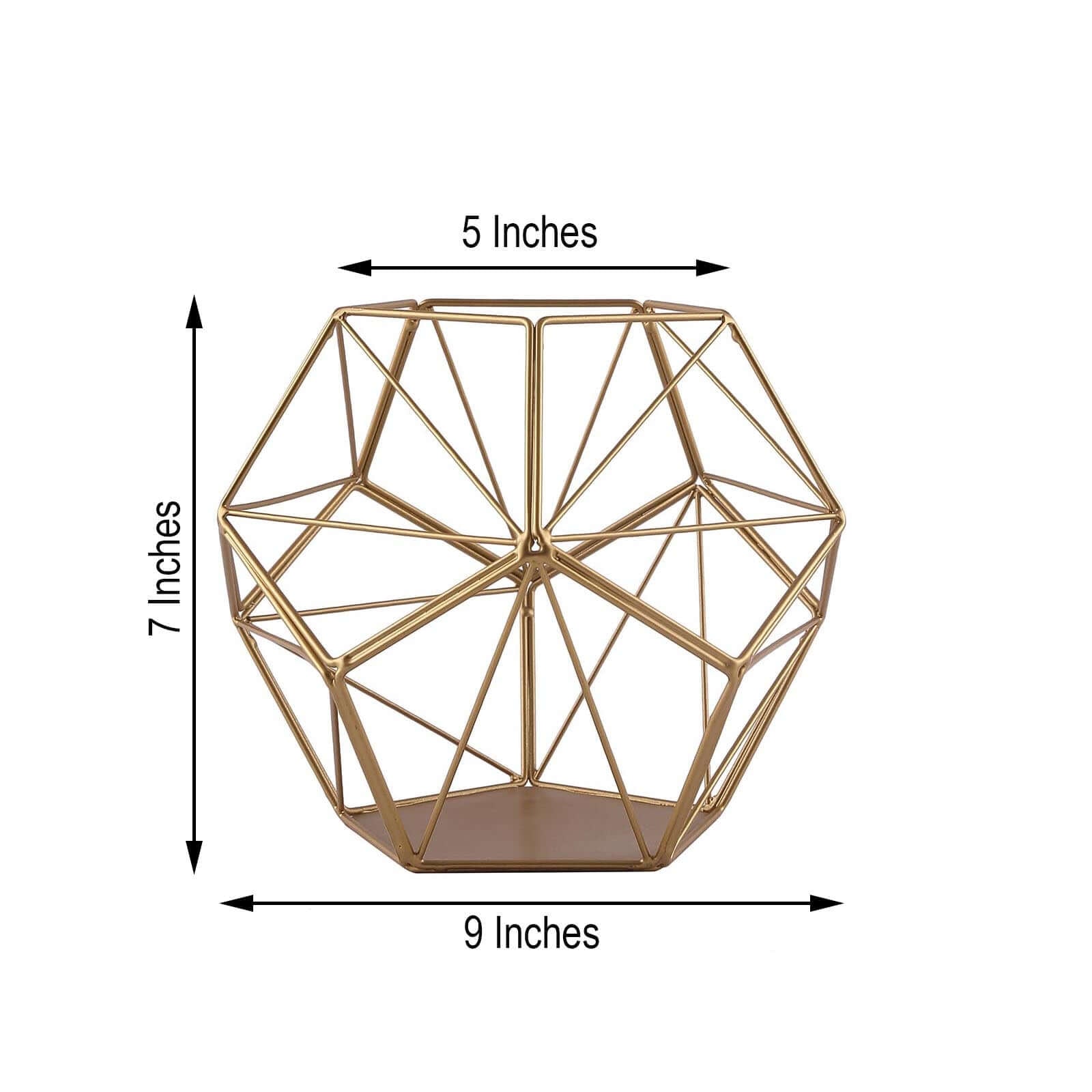 Tealight Candle Holder Gold Metal Pentagon Prism Geometric Open Frame - Flower Stand 7" - Linen Luxes