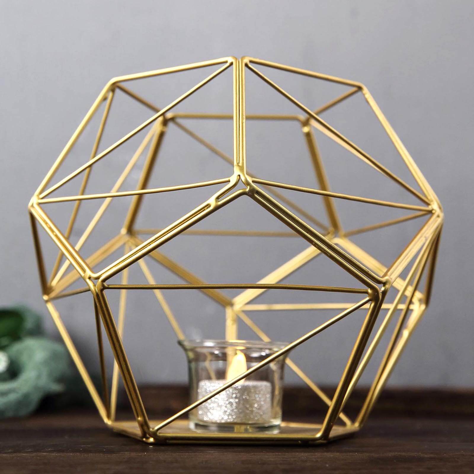 Tealight Candle Holder Gold Metal Pentagon Prism Geometric Open Frame - Flower Stand 7" - Linen Luxes