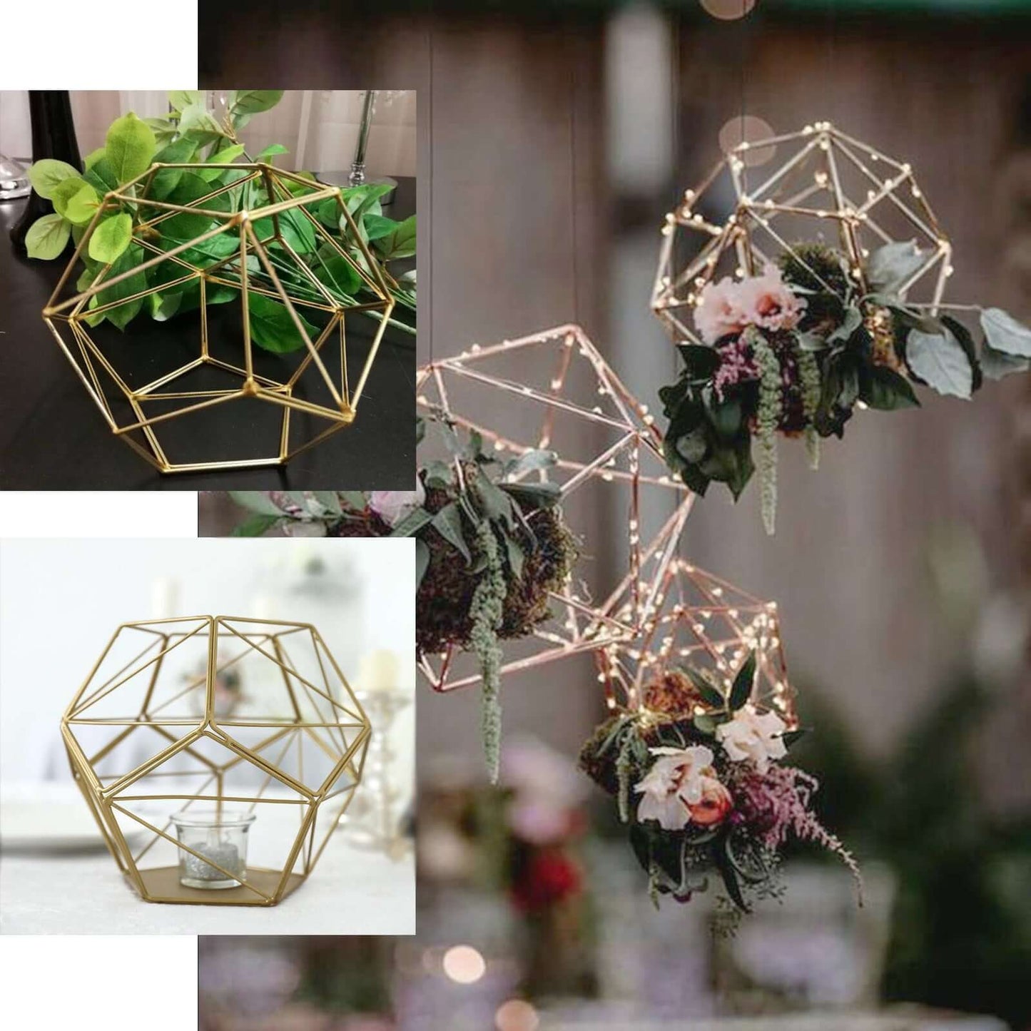Tealight Candle Holder Gold Metal Pentagon Prism Geometric Open Frame - Flower Stand 7" - Linen Luxes