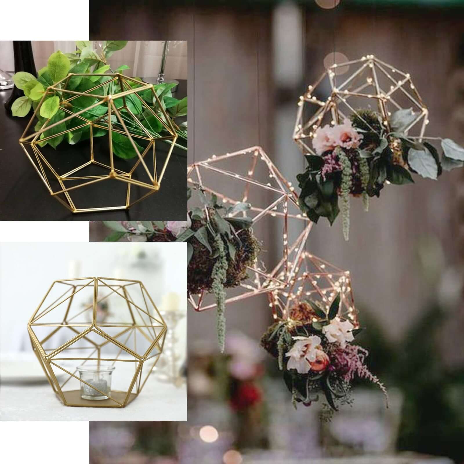 Tealight Candle Holder Gold Metal Pentagon Prism Geometric Open Frame - Flower Stand 7" - Linen Luxes