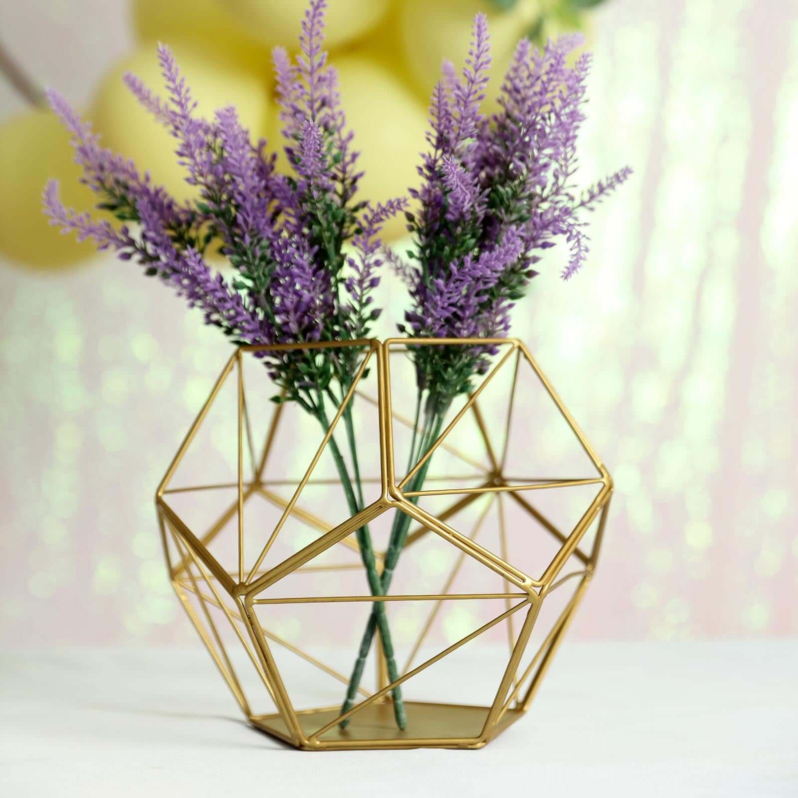 Tealight Candle Holder Gold Metal Pentagon Prism Geometric Open Frame - Flower Stand 7" - Linen Luxes