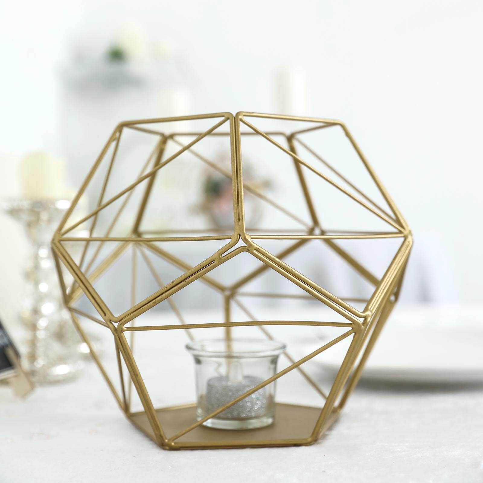 Tealight Candle Holder Gold Metal Pentagon Prism Geometric Open Frame - Flower Stand 7" - Linen Luxes