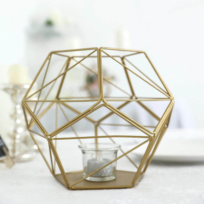 Tealight Candle Holder Gold Metal Pentagon Prism Geometric Open Frame - Flower Stand 7" - Linen Luxes