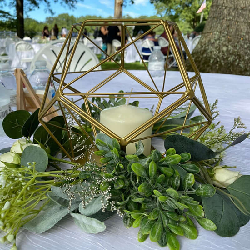 Tealight Candle Holder Gold Metal Pentagon Prism Geometric Open Frame - Flower Stand 7" - Linen Luxes