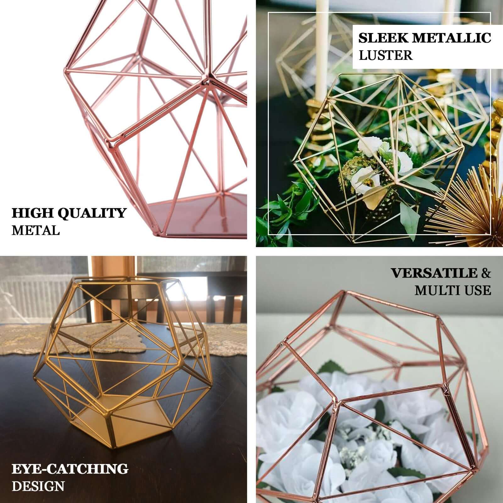 Tealight Candle Holder Gold Metal Pentagon Prism Geometric Open Frame - Flower Stand 7" - Linen Luxes