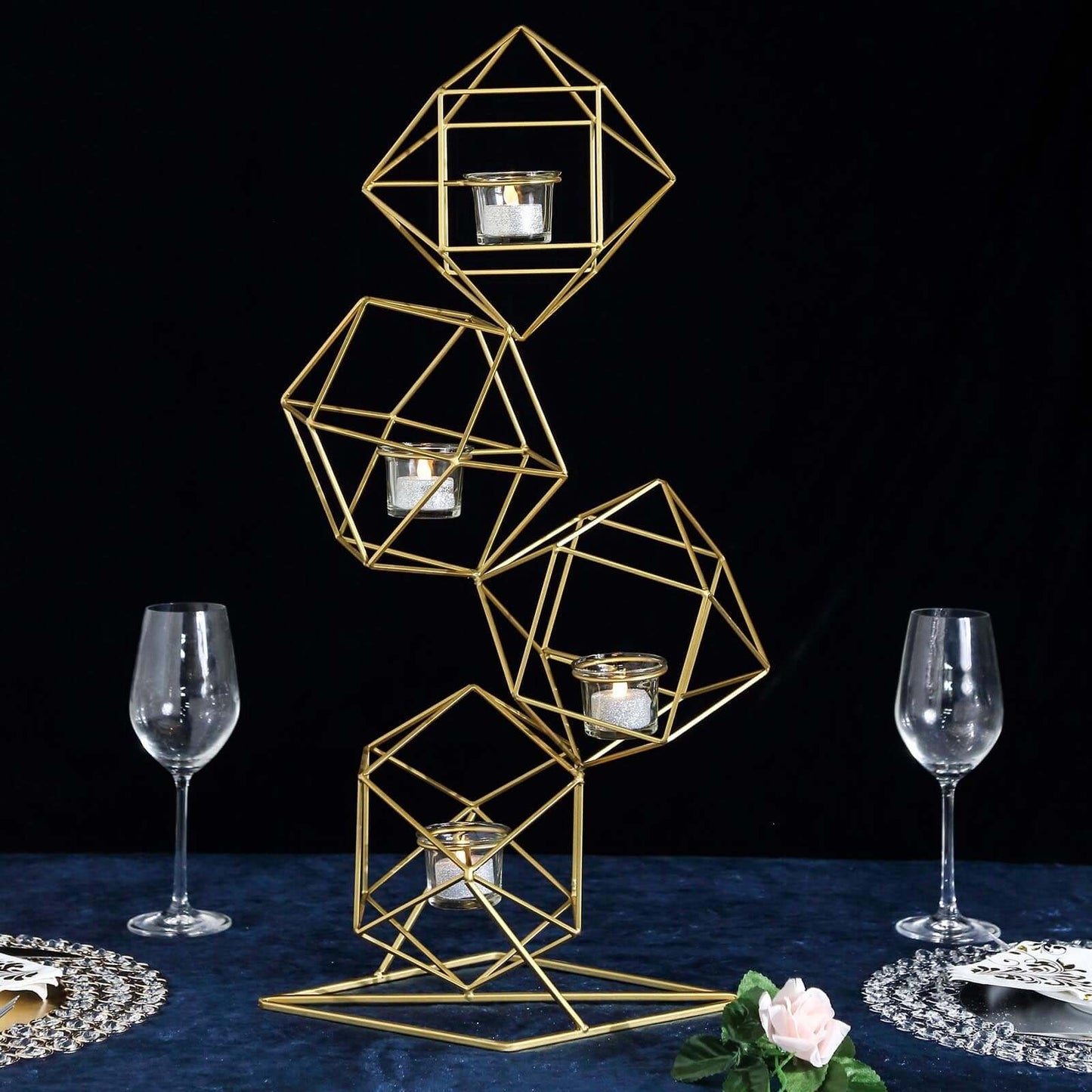 Tealight Candle Holder Metal Linked Geometric Design Gold with Votive Glass Holders - Sophisticated Decor for Tables & Gatherings 25" - Linen Luxes