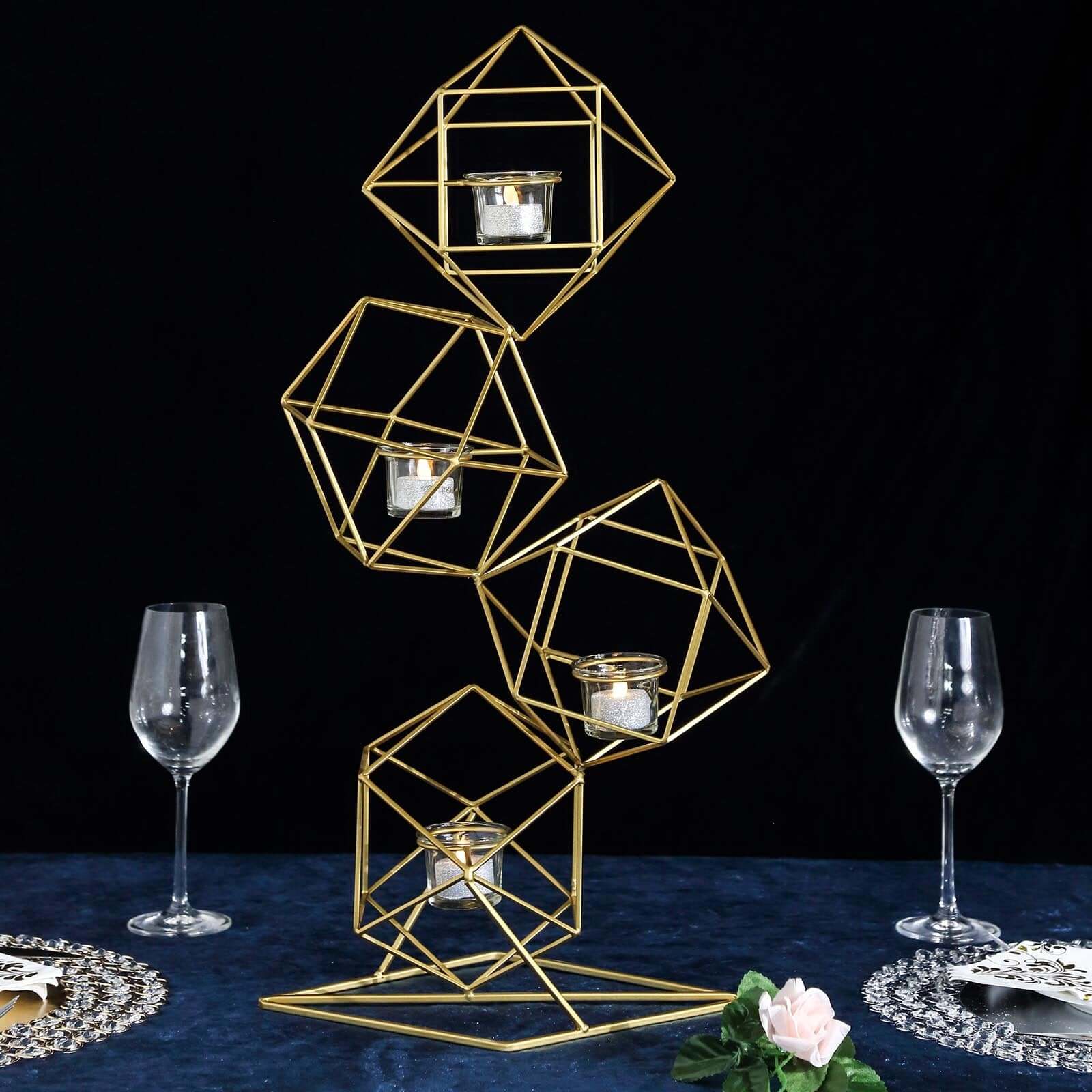 Tealight Candle Holder Metal Linked Geometric Design Gold with Votive Glass Holders - Sophisticated Decor for Tables & Gatherings 25" - Linen Luxes