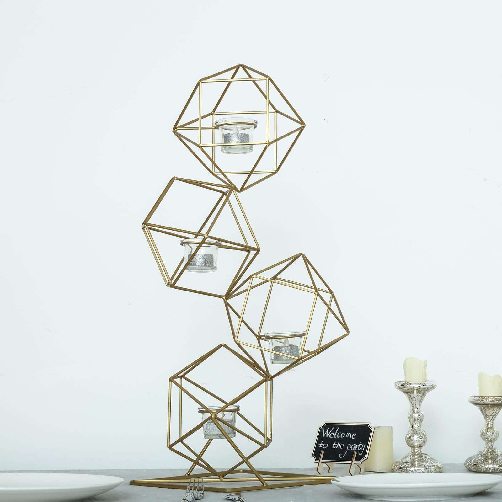 Tealight Candle Holder Metal Linked Geometric Design Gold with Votive Glass Holders - Sophisticated Decor for Tables & Gatherings 25" - Linen Luxes