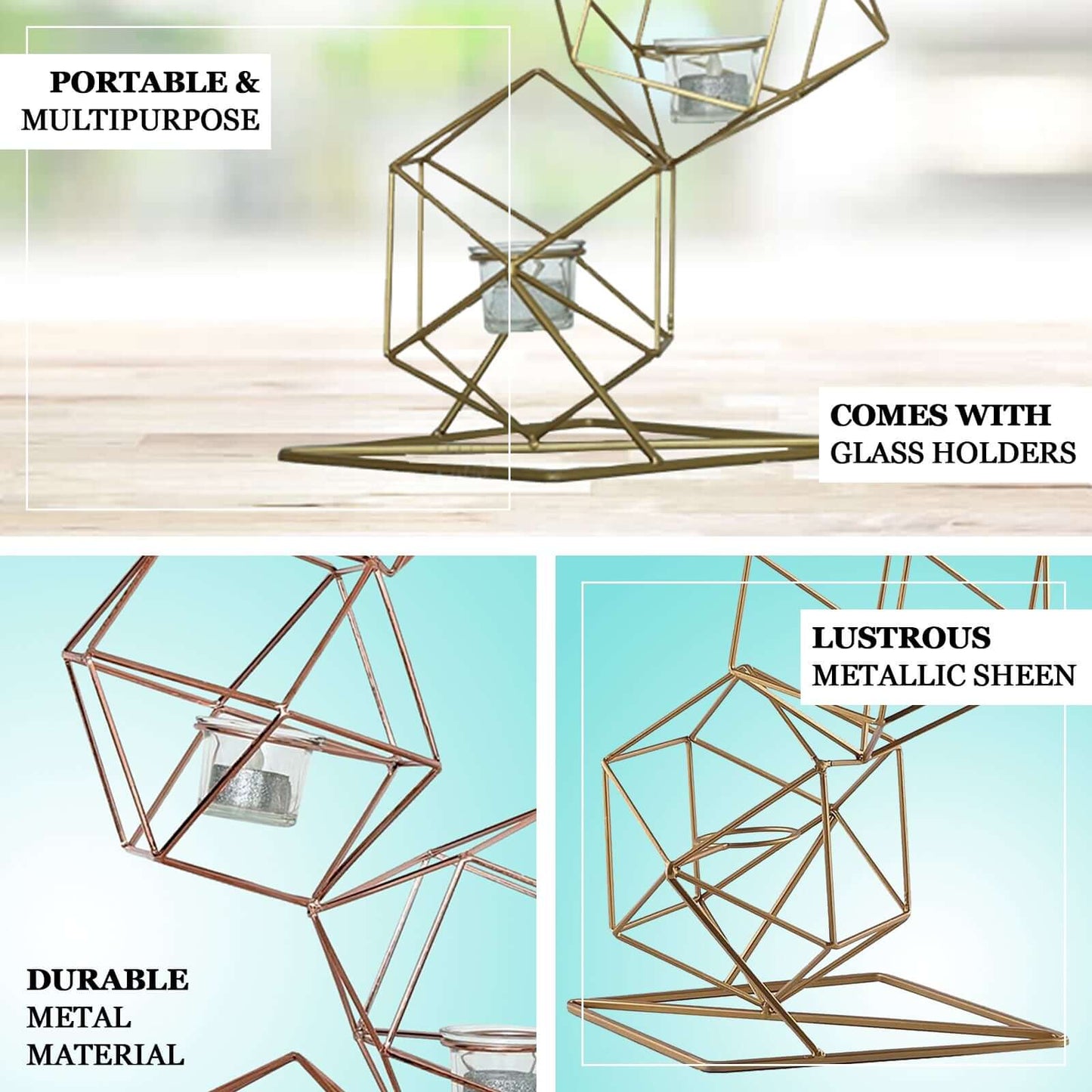 Tealight Candle Holder Metal Linked Geometric Design Gold with Votive Glass Holders - Sophisticated Decor for Tables & Gatherings 25" - Linen Luxes