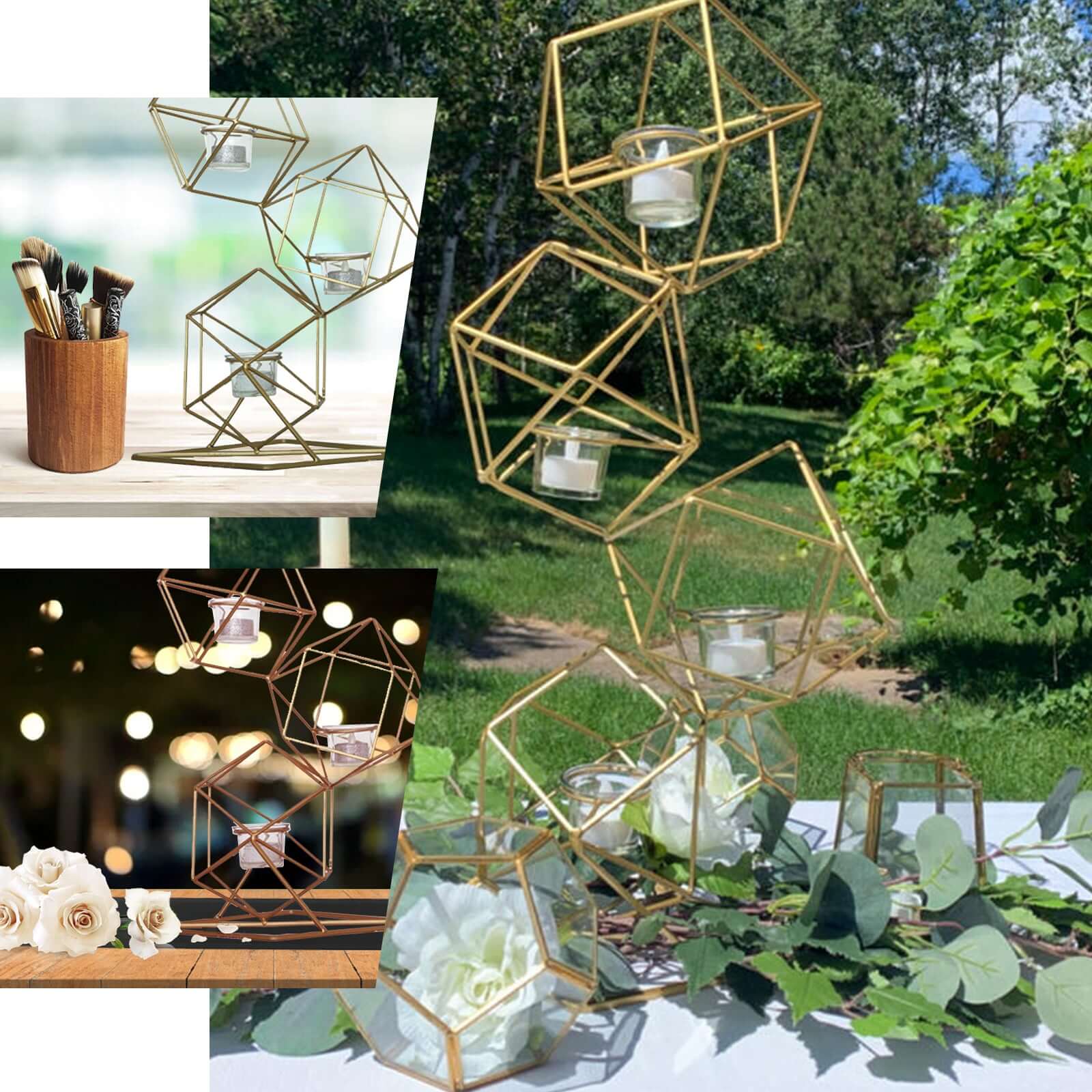 Tealight Candle Holder Metal Linked Geometric Design Gold with Votive Glass Holders - Sophisticated Decor for Tables & Gatherings 25" - Linen Luxes