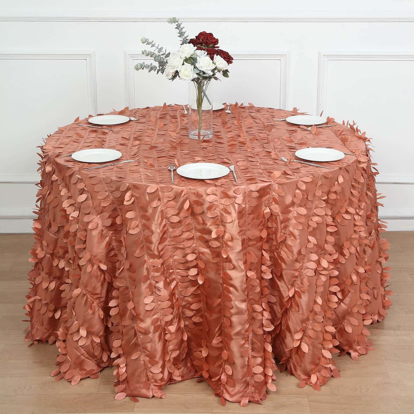 Taffeta 120" Round Tablecloth Terracotta (Rust) | 3D Leaf Petal Design Seamless Table Cover