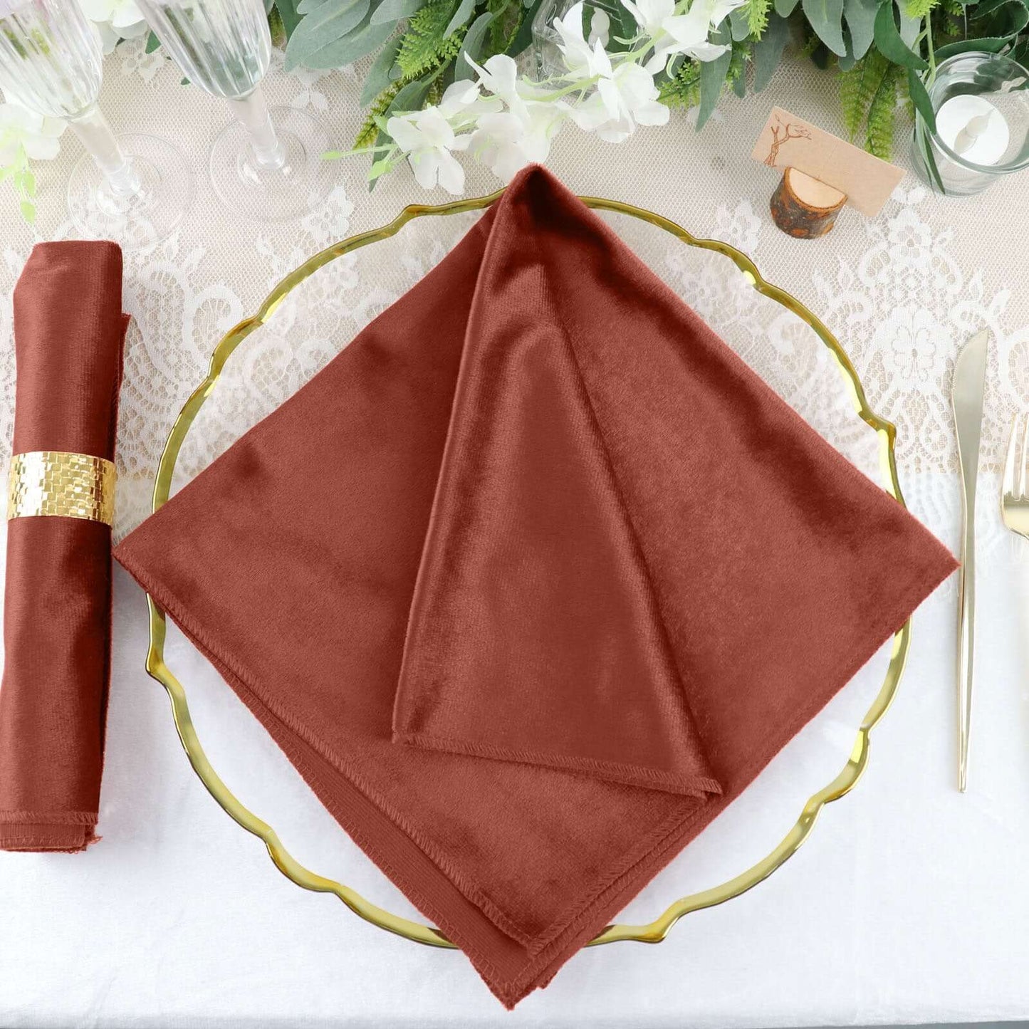 5 Pack Premium Velvet 20"x20" Napkins Terracotta (Rust) - Soft Sheen Finish Cloth Napkins