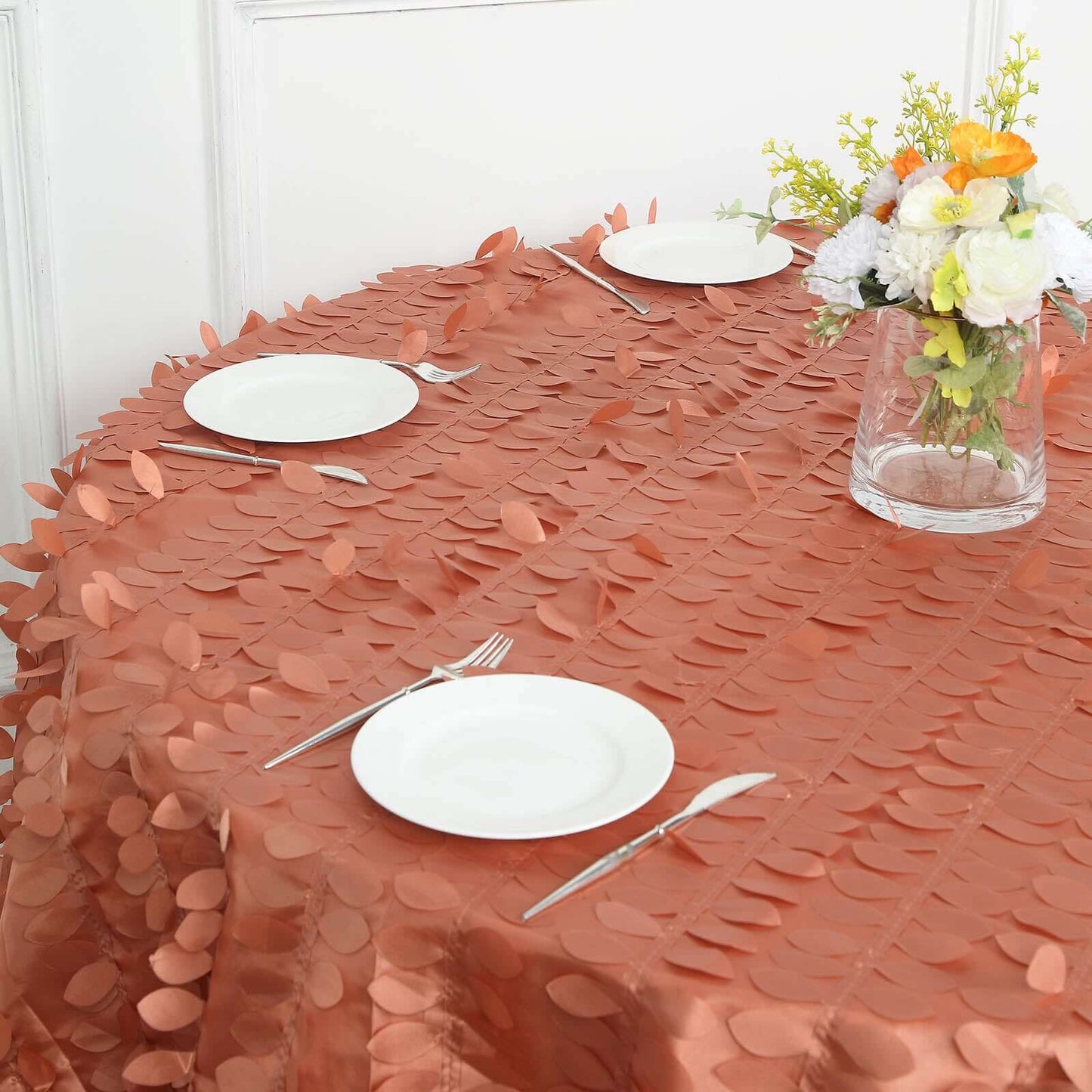Taffeta 72"x72" Table Overlay Square Tablecloth Terracotta (Rust) - 3D Leaf Petal Table Cover