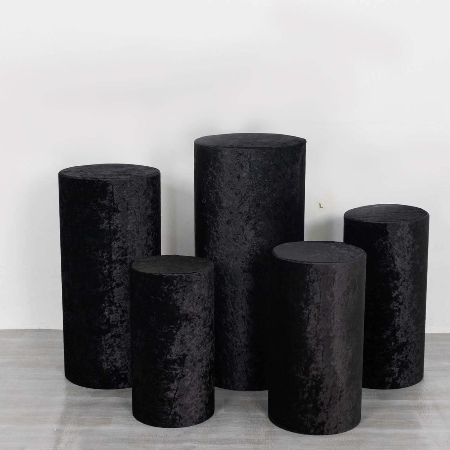 Set of 5 Black Crushed Velvet Cylinder Pedestal Stand Covers, Premium Pillar Prop Covers