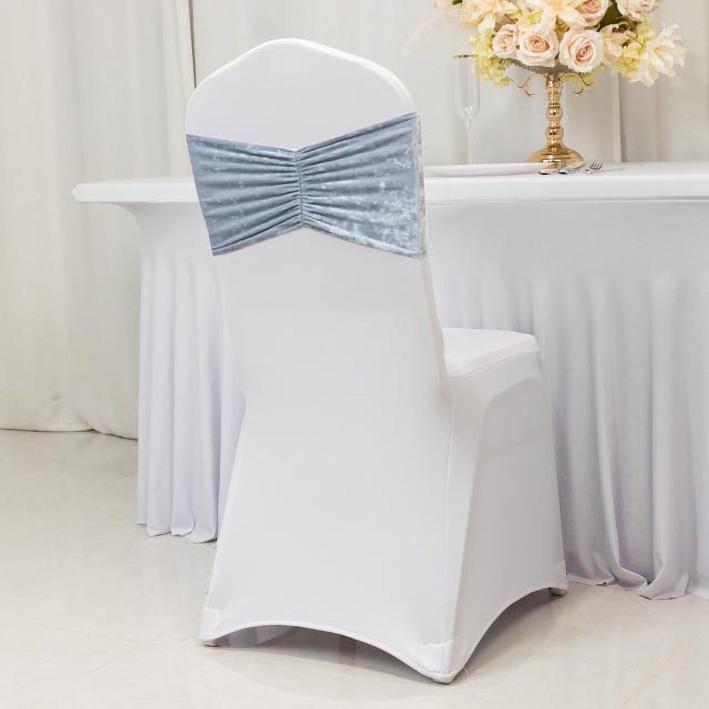 5 Pack Crushed Velvet Chair Bands Dusty Blue Wide Ruffle Style - Textured Chair Sashes for Stunning Event Decor - 8"x15"