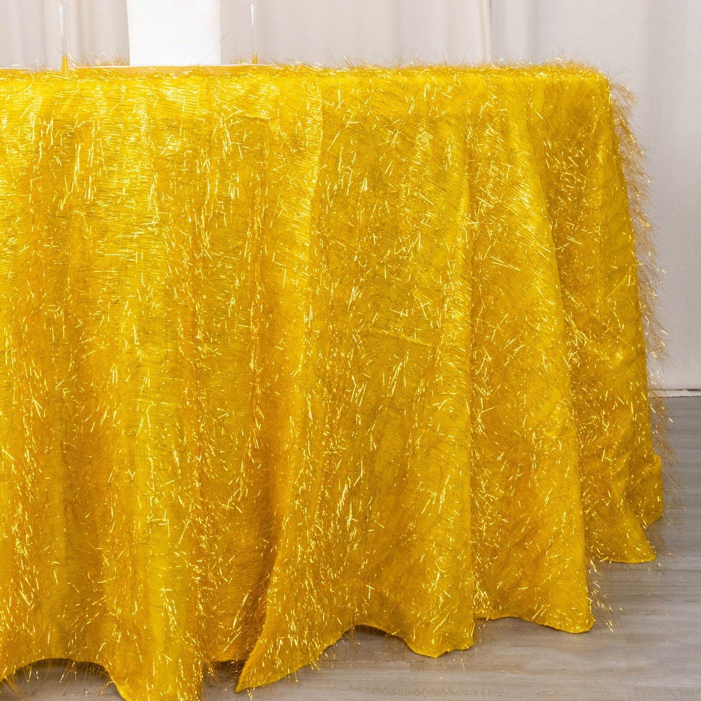 Polyester 120" Round Gold Tablecloth Metallic Fringe Shag Tinsel Design Table Cover for Weddings & Events
