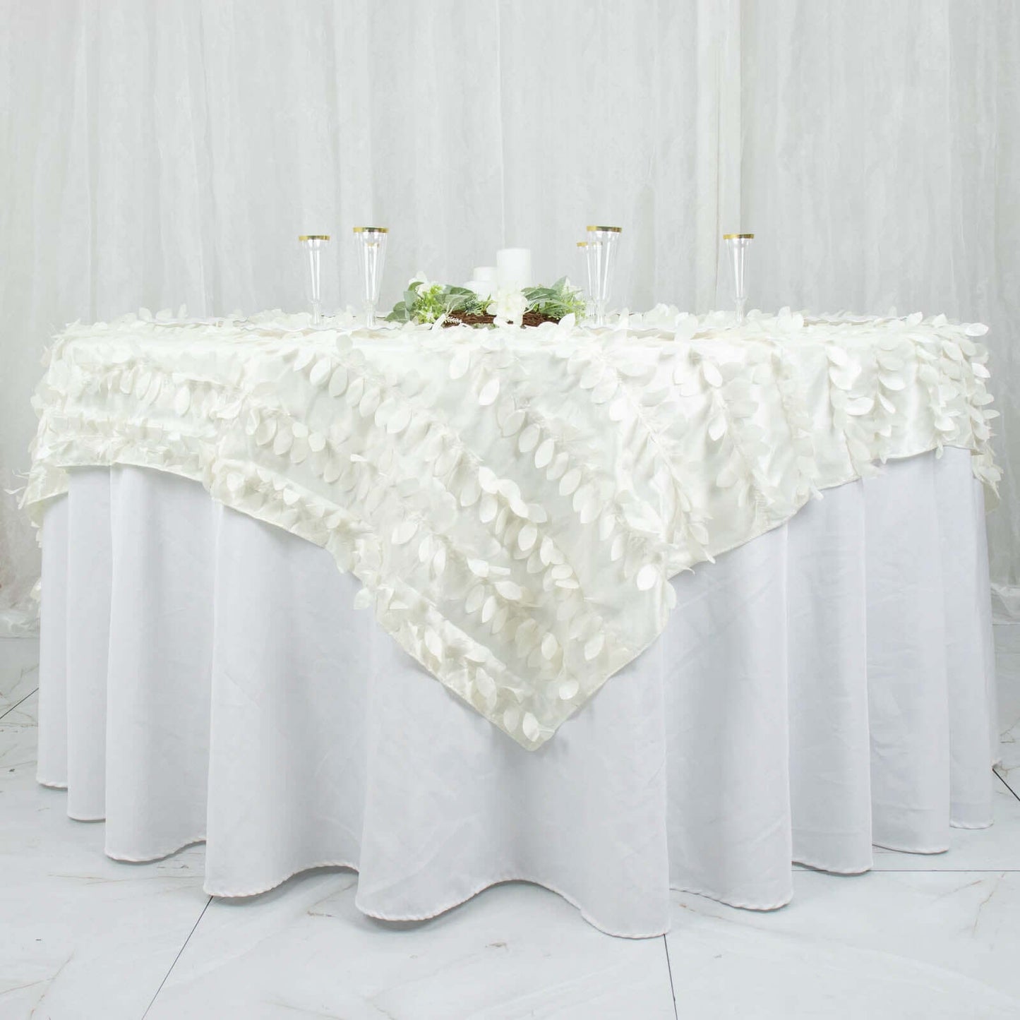 Taffeta 54"x54" Table Overlay Square Tablecloth Ivory 3D Leaf Petal Table Cover