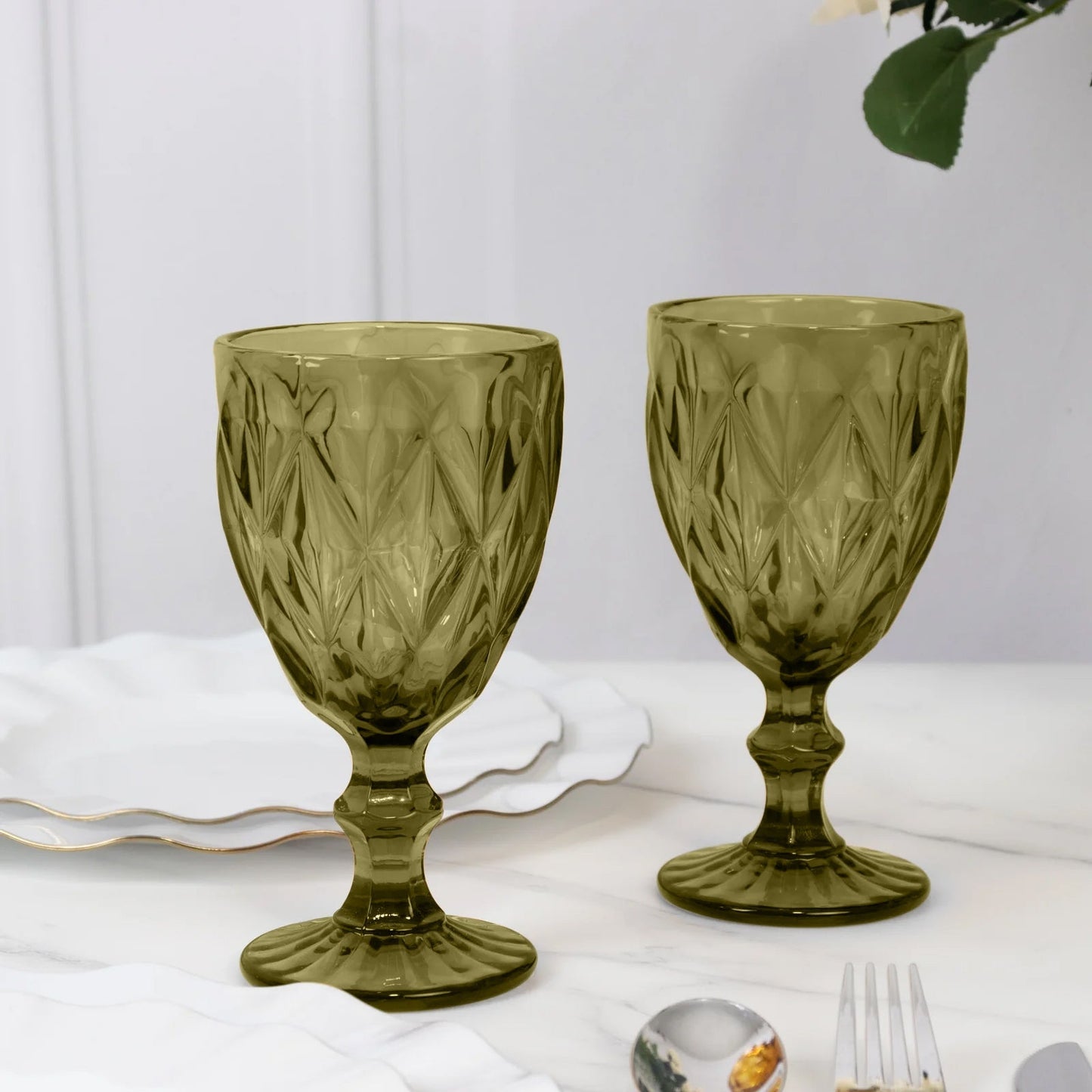 6-Pack Wine Glasses Dusty Sage Green Embossed Crystal Cut Design Stemmed - Colored Goblets for Parties & Events 12oz 7"