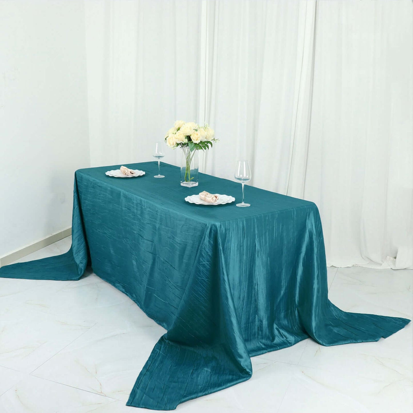 Taffeta 90"x156" Rectangle Tablecloth Teal - Accordion Crinkle Seamless Table Cover