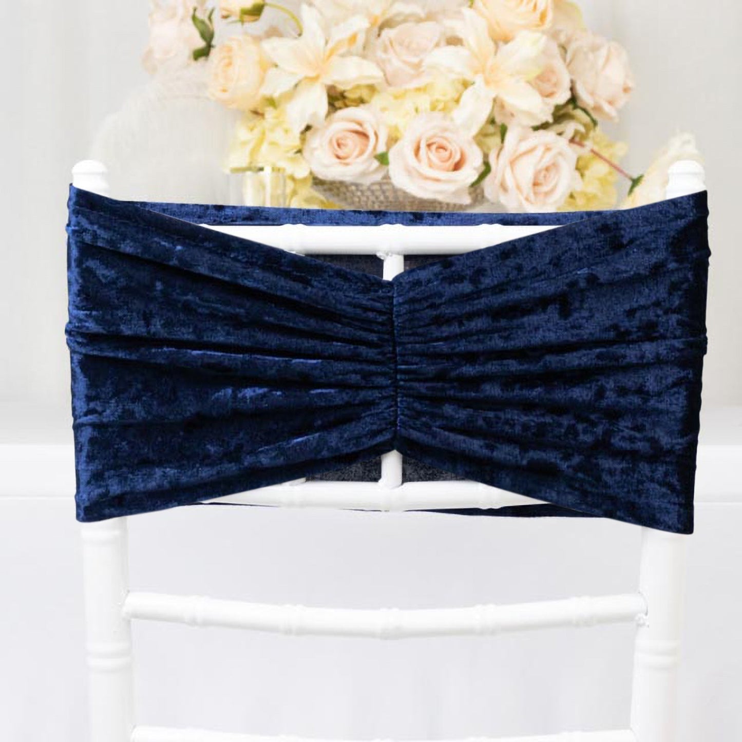 5 Pack Crushed Velvet Chair Bands Navy Blue Wide Ruffle Style - Textured Chair Sashes for Stunning Event Decor - 8"x15"