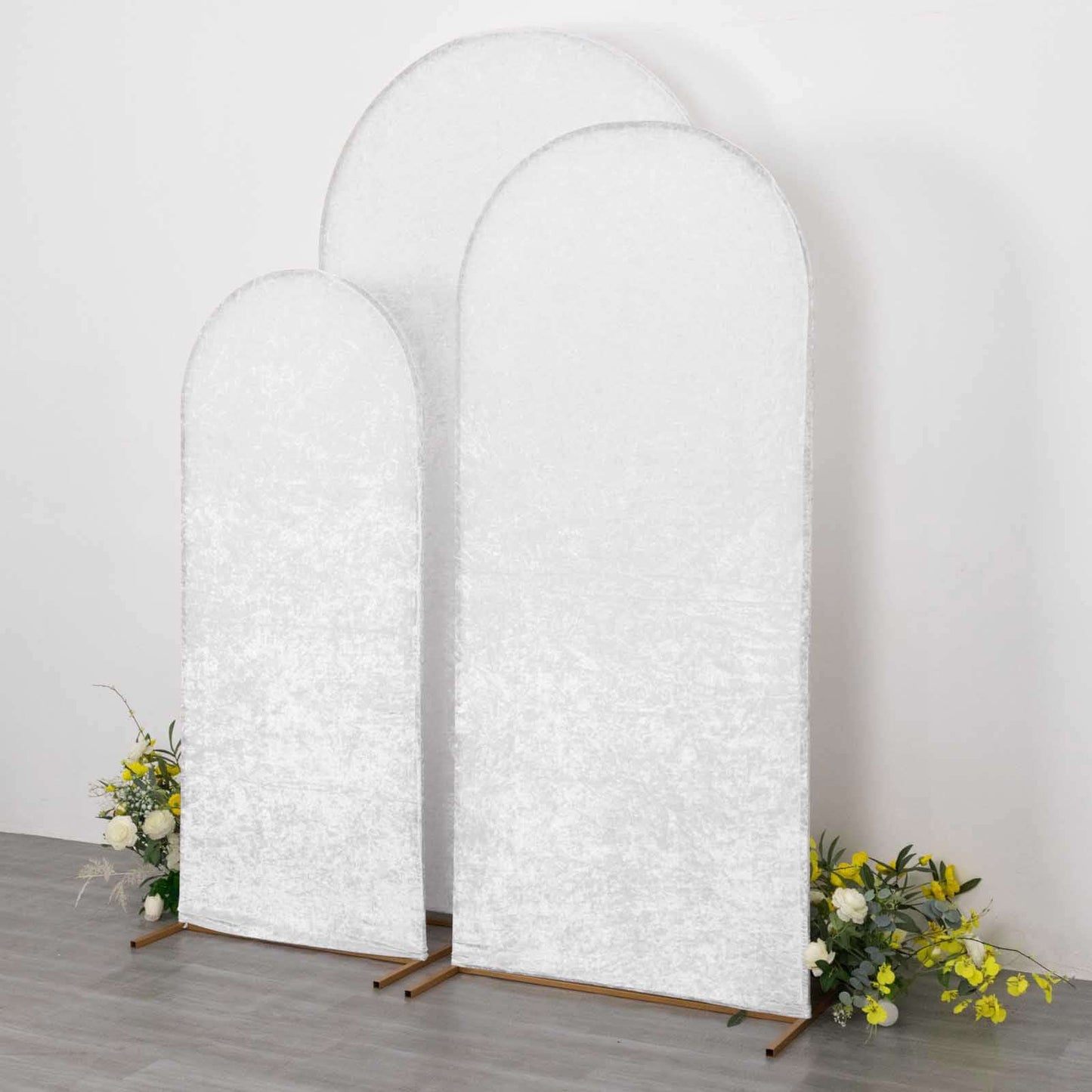 Set of 3 White Crushed Velvet Chiara Backdrop Stand Covers For Round Top Wedding Arches - 5ft, 6ft, 7ft
