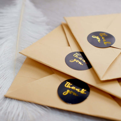 500Pcs 1.5" Thank You Gold Foil Text On Black Stickers Roll DÃ©cor Labels and Seals for DIY Envelope - Round
