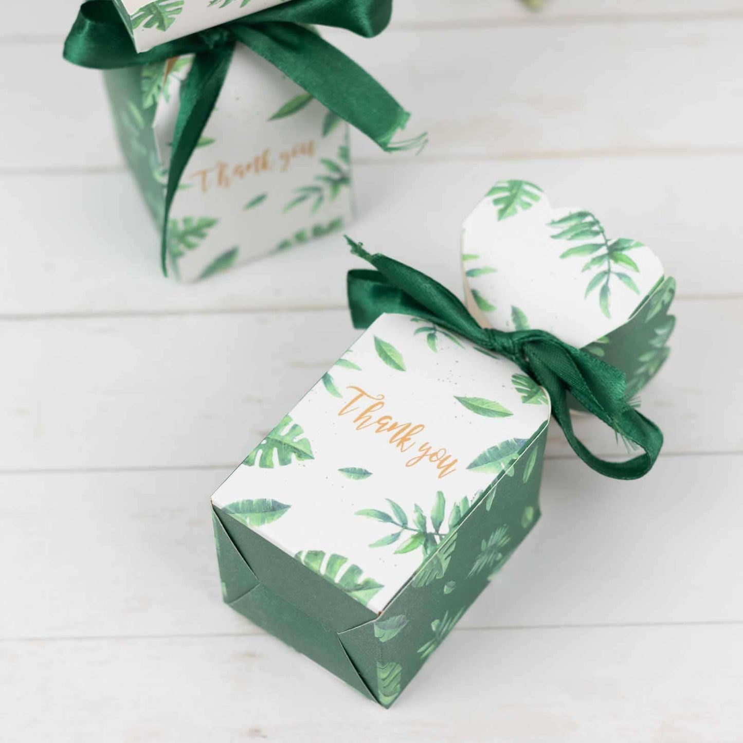 25 Pack White Green Leaf Print Satin Ribbon Candy Gift Boxes With Floral Top, Cardstock Paper Party Favor Boxes - 2"x5"