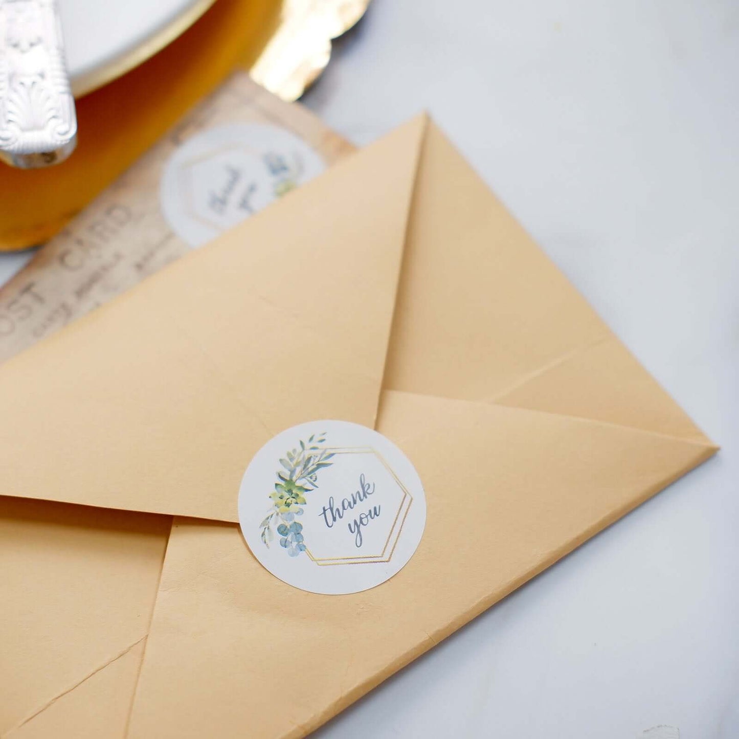 500Pcs 1.5" Thank You Gold and Green Leaf Frame Stickers Roll DÃ©cor, Labels and Seals For DIY Envelope - Round