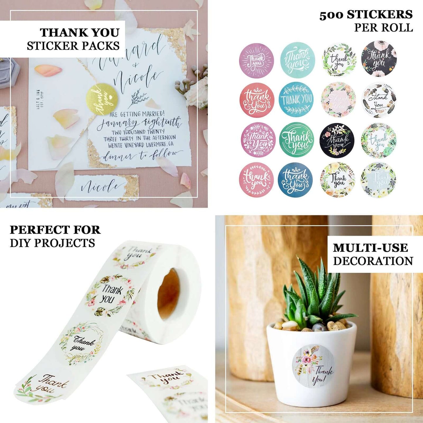500Pcs 1" Thank You Rustic Floral Boho Chic Stickers Roll, Labels For DIY Envelope Seal - Round