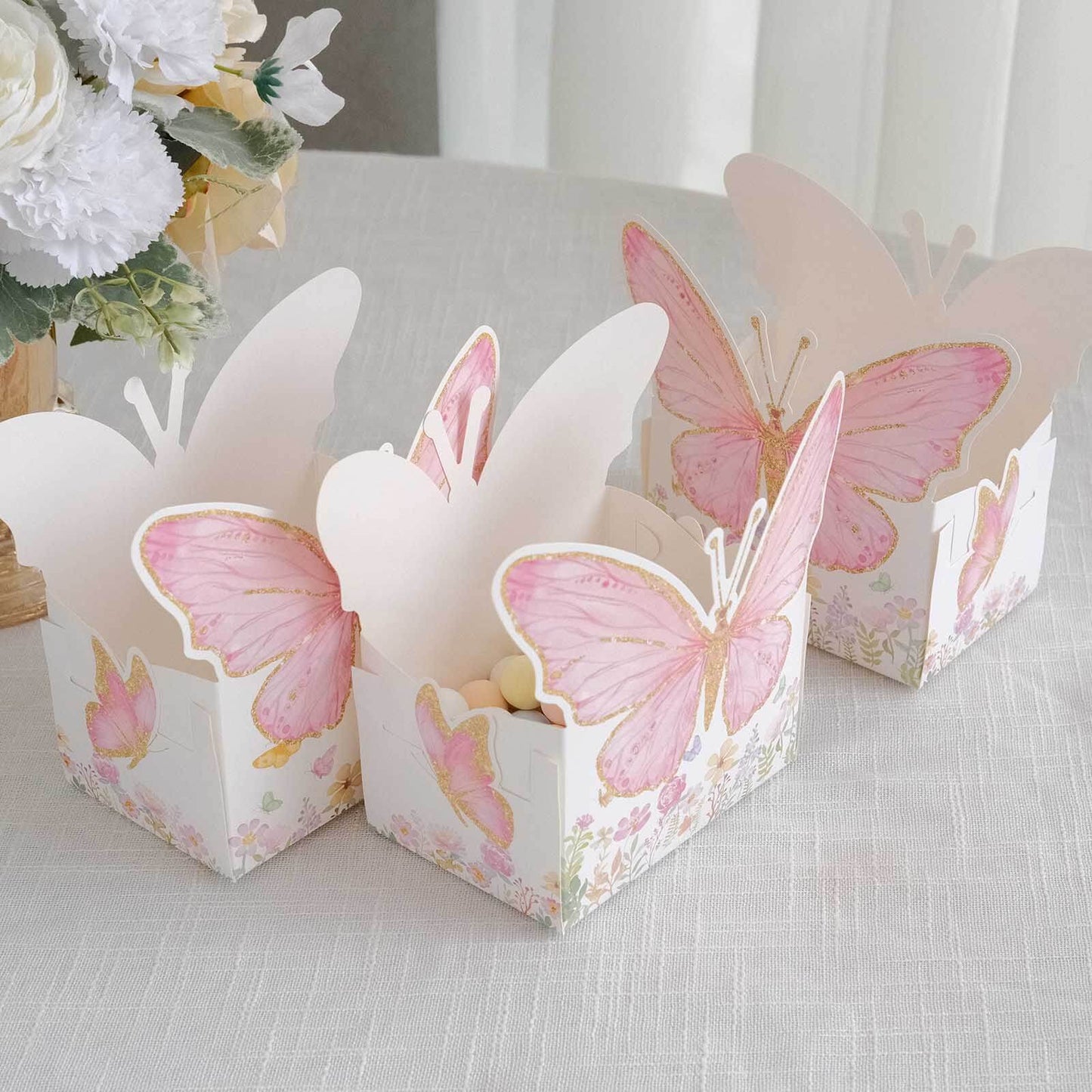 25-Pack Disposable Food Trays White/Pink Glitter Butterfly Design Cardstock - Whimsical Disposable Serving Tray Food Boats for Girls Birthday Baby Shower Party Supplies 6"x7"