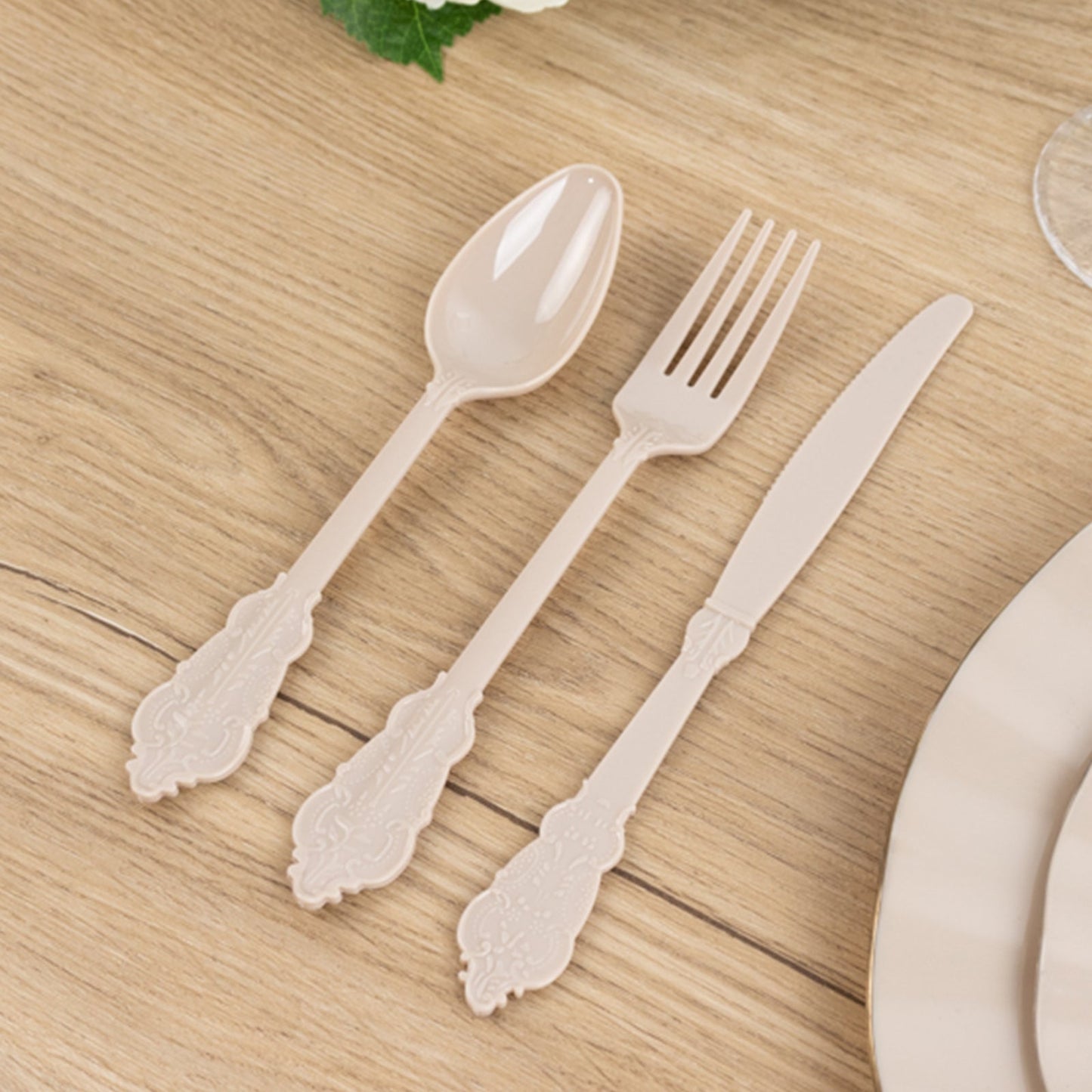 72 Pcs Plastic Silverware Set in Baroque Style Taupe - Heavy Duty Disposable Knife, Fork, and Spoon Set