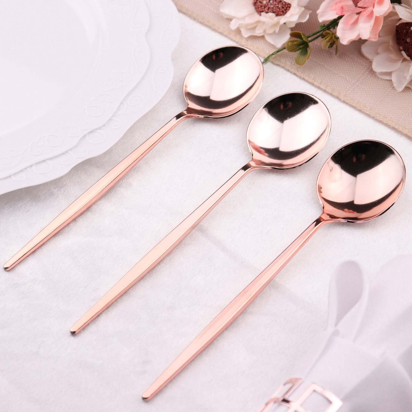 24-Pack Plastic Spoons Glossy Rose Gold - Premium Heavy Duty Disposable Silverware 8"