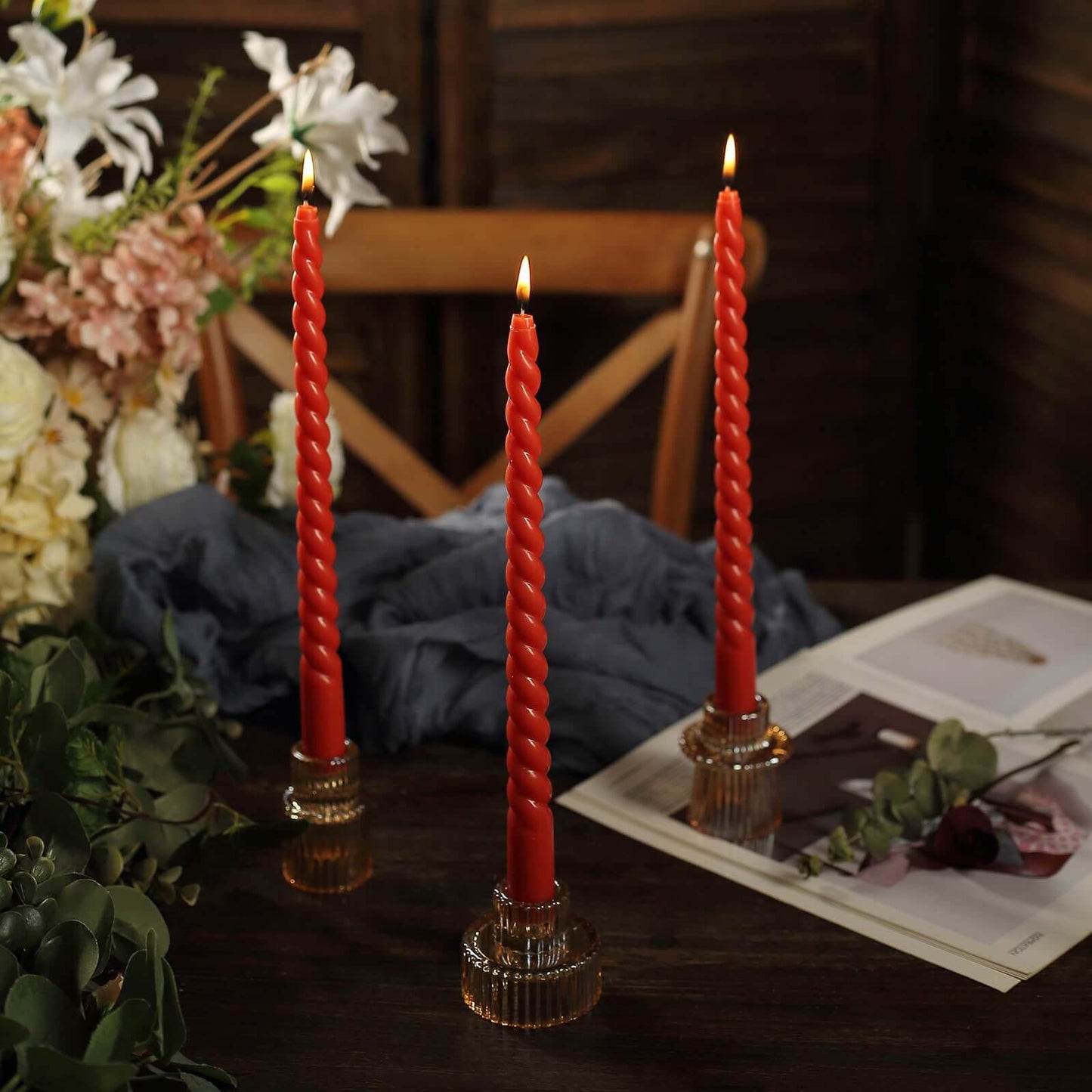 12-Pack Taper Candles Spiral Long Burn Wick Design Terracotta (Rust) - Premium Unscented Wax Dinner Candle Sticks 11"