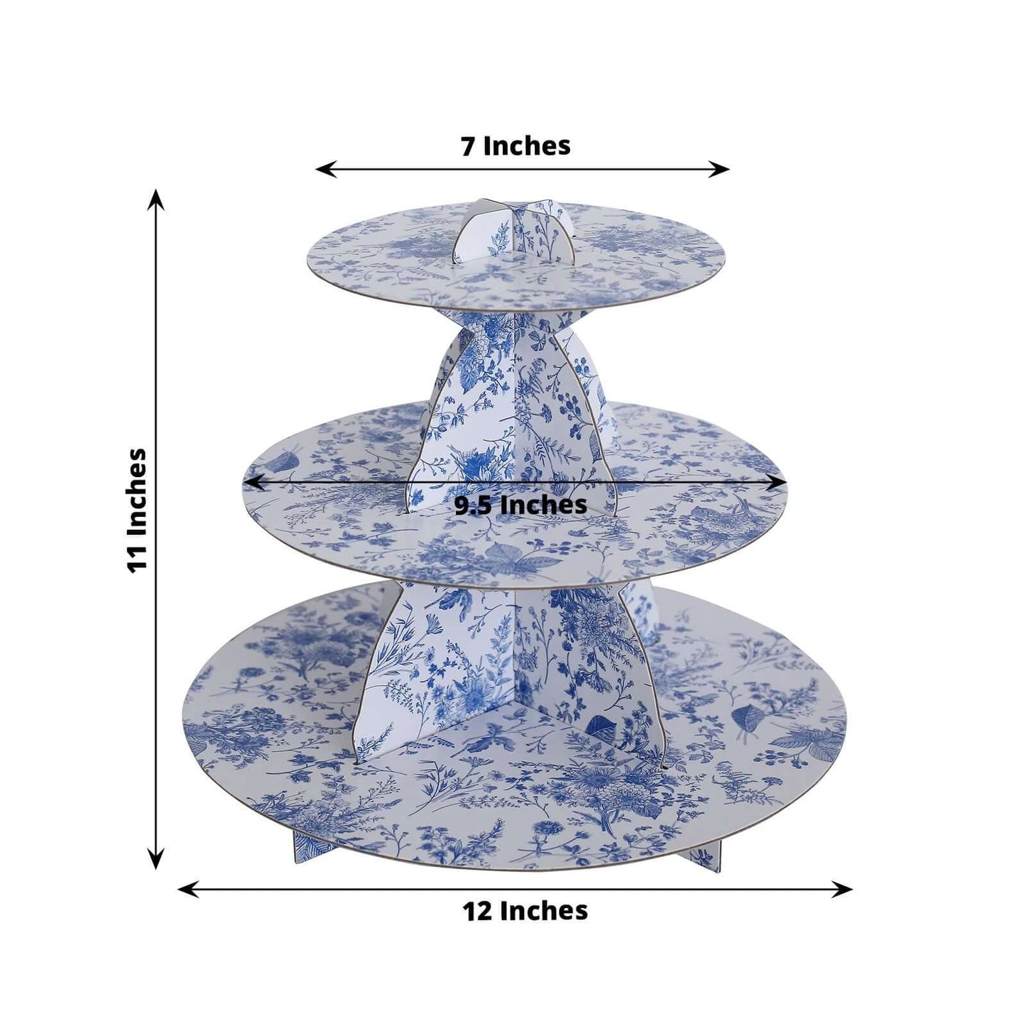 3-Tier Cardboard Cupcake Stand White with Blue French Toile Pattern - Reusable Dessert Display Stand Round Serving Platter for High-Tea Gatherings Weddings & Spring Celebrations 11"