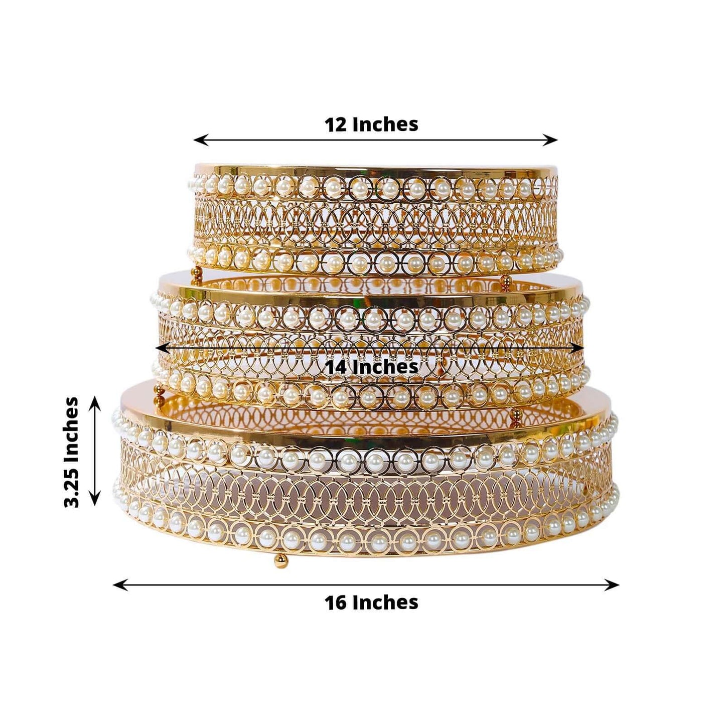 Set of 3 Cake Stands Round Design with Mirror Top Gold - Pearl Beaded Stackable Cupcake Holders Metal 12", 14", 16"
