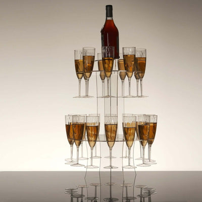 3-Tier Round Champagne Glass Holder Tower Clear Acrylic + 1 Bottle for Professional & Home Use 21"