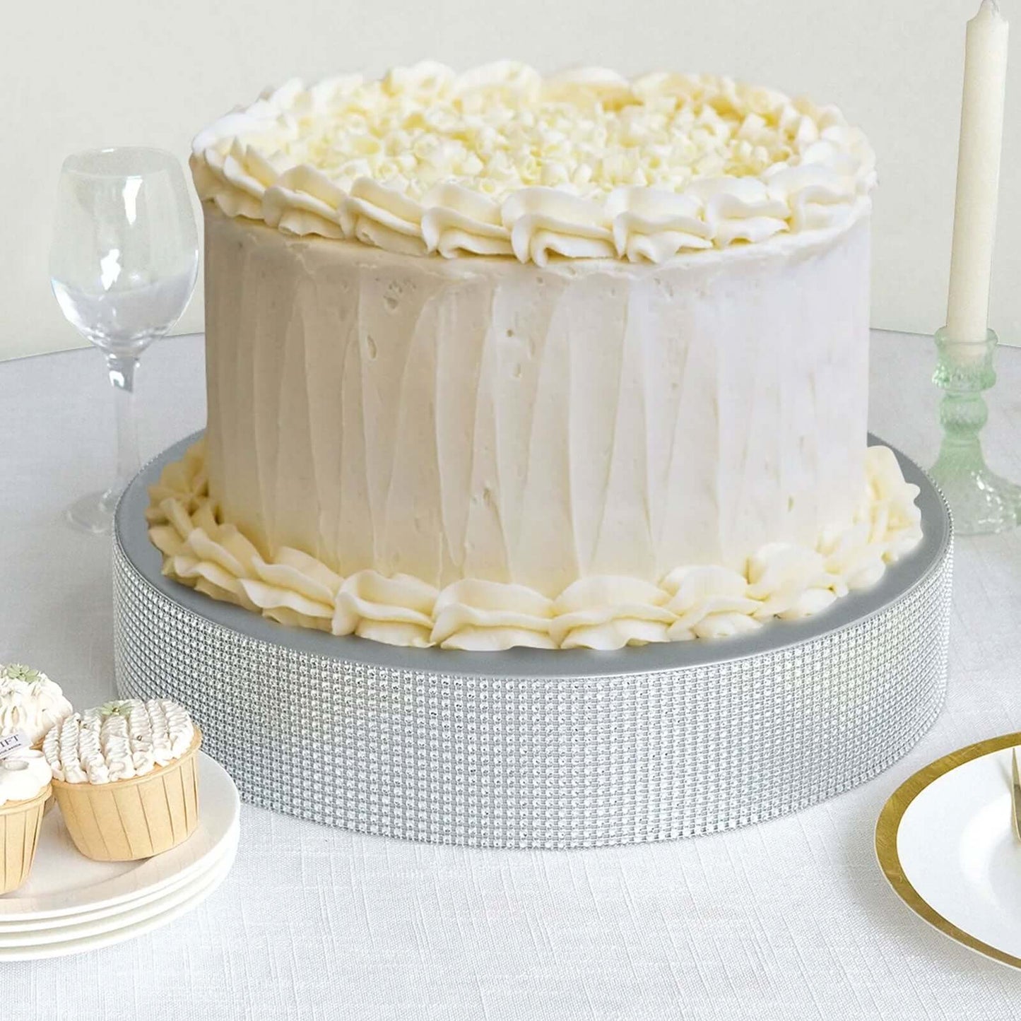 Metal Pedestal Cake Stand Round Design with Rhinestones Silver - Cupcake Holder and Dessert Table Centerpiece 16"