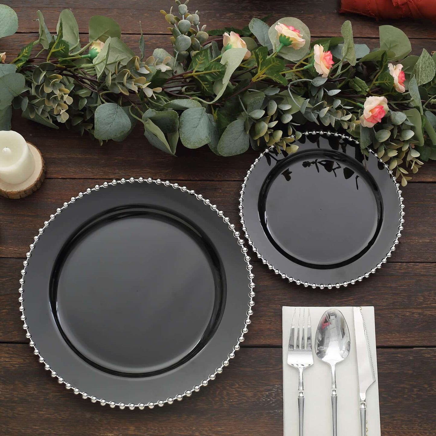 10-Pack Plastic 10" Round Dinner Plates in Black with Silver Beaded Rim - Disposable Party Plates for Banquets & Festive Occasions