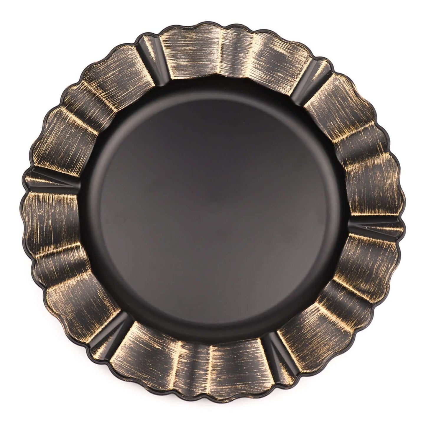 6-Pack Acrylic Plastic Round Charger Plates 13" in Matte Black with Gold Brushed Wavy Scalloped Rim, Decorative Dinner Party Charger Tableware