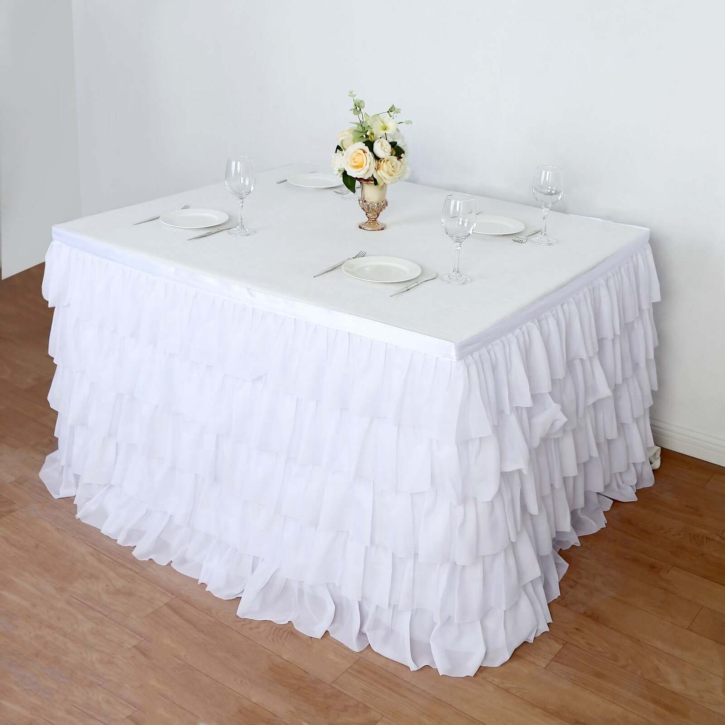 Chiffon 14ft Table Skirt White - 5-Tier Ombre Ruffled Tutu Table Cover with Satin Backing for Sophisticated Events