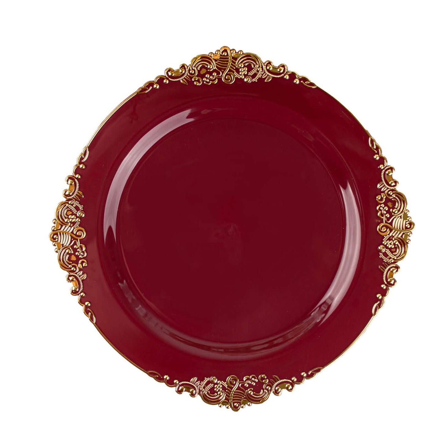 10-Pack Plastic 10" Round Dinner Plates in Burgundy with Gold Leaf Embossed Rim - Disposable Vintage Baroque Style Plates