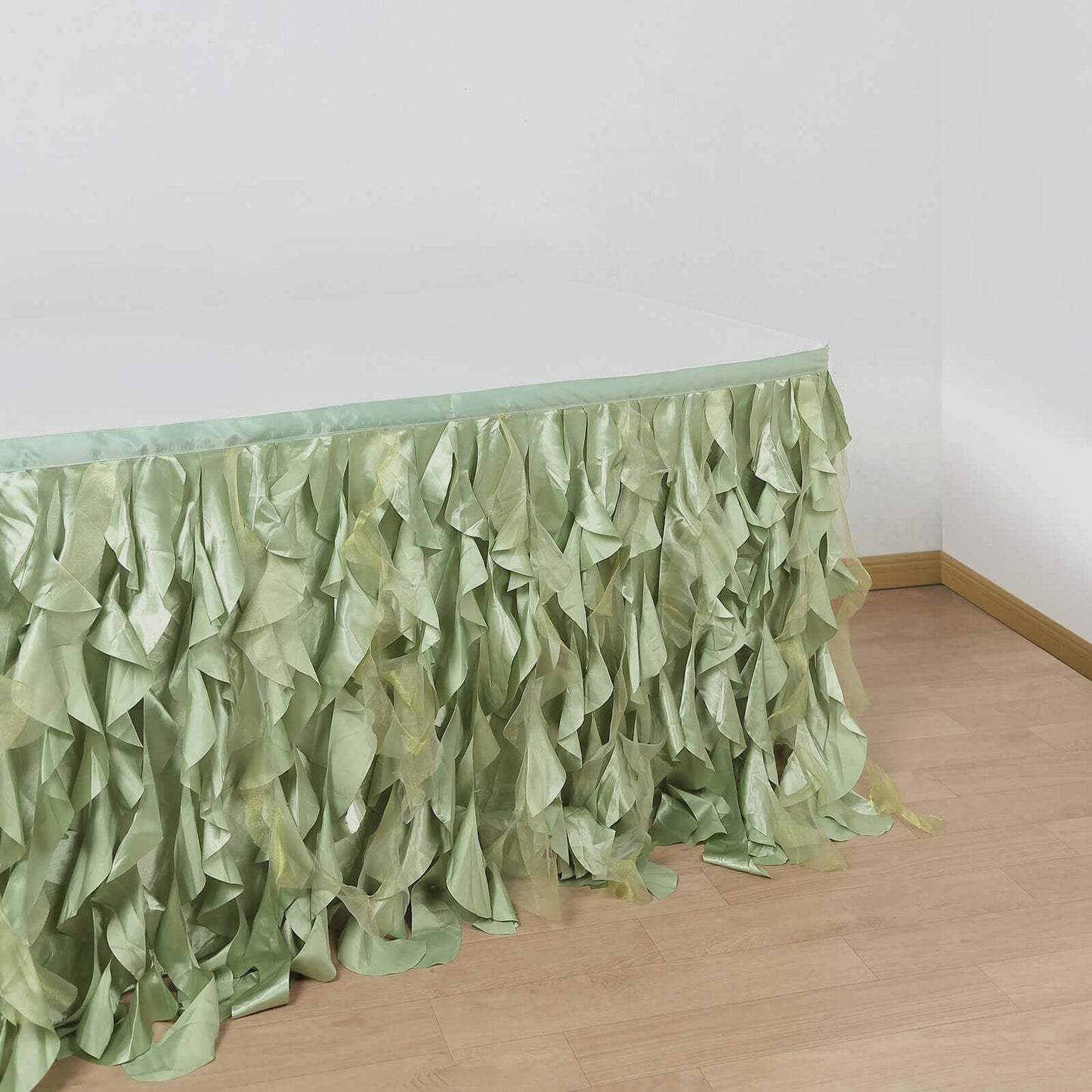 Taffeta 14ft Table Skirt Sage Green - Cascading Curly Willow Style Table Cover