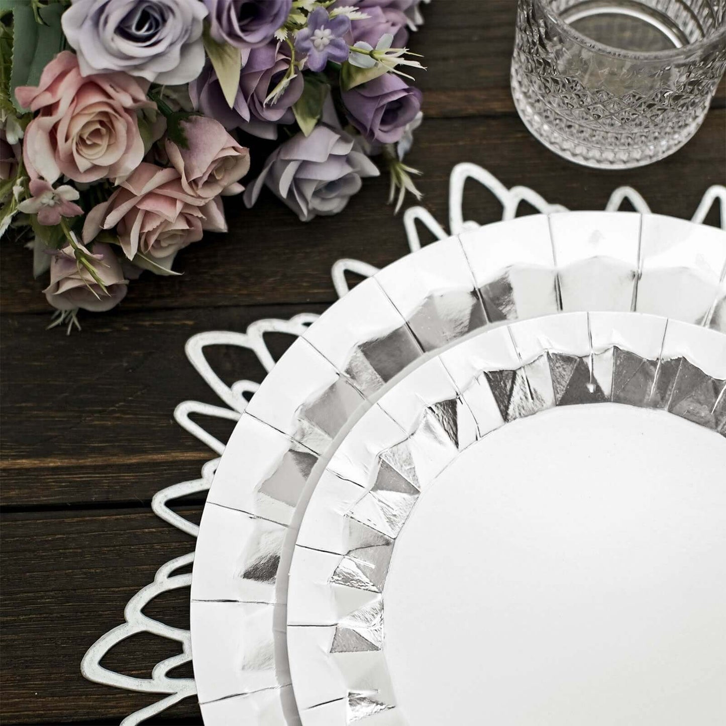 25-Pack Paper 12" Round Charger Plates in Metallic Silver with Geometric Prism Design - Disposable 400GSM Serving Trays