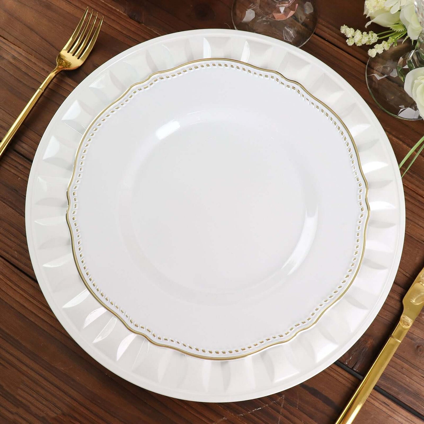 6-Pack Plastic Round Charger Plates 13" in White with Bejeweled Rim, Luxe Decorative Dinner Party Charger Tableware