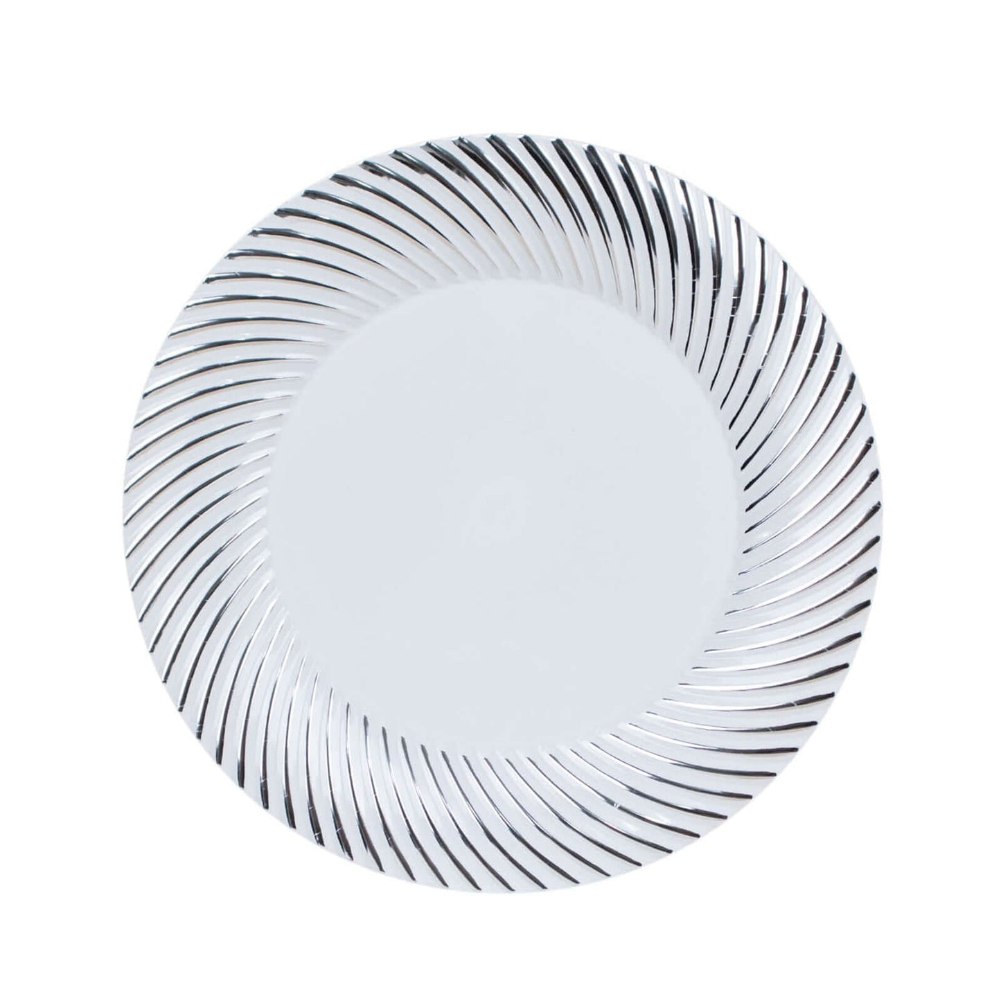 10-Pack Plastic 7" Round Dessert Plates in White with Silver Swirl Rim - Disposable Salad Plates
