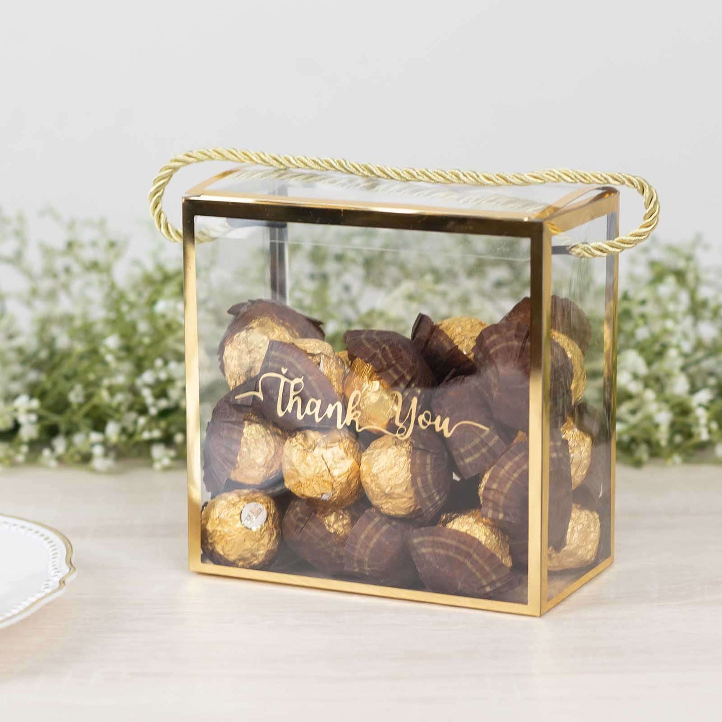 25 Pack Gold Trimmed Clear PVC Gift Boxes with Rope Handles and Thank You Print, Transparent Portable Candy Favor Boxes - 5.5"x5.5"